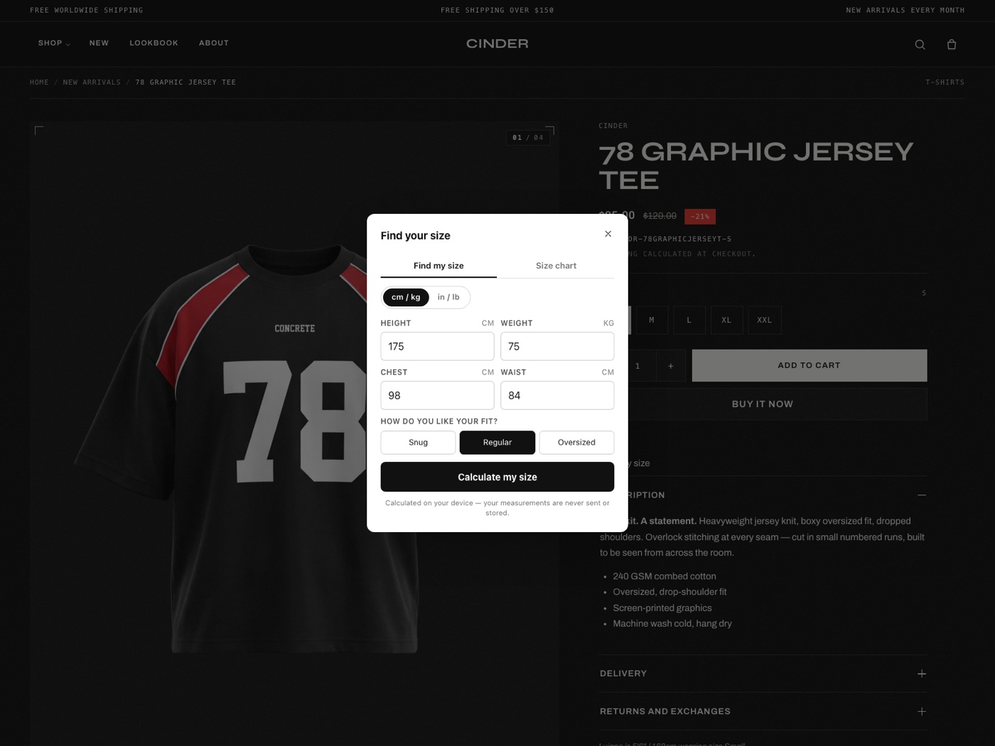 The SizeCast calculator open on a product page, with height, weight, chest, waist, and fit preference