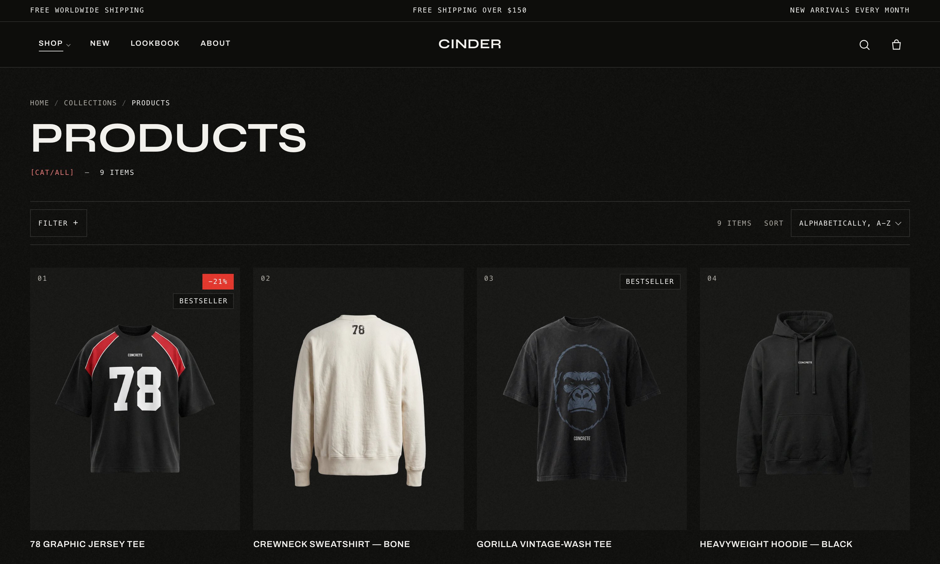 Cinder collection grid with indexed product cards and a sort control