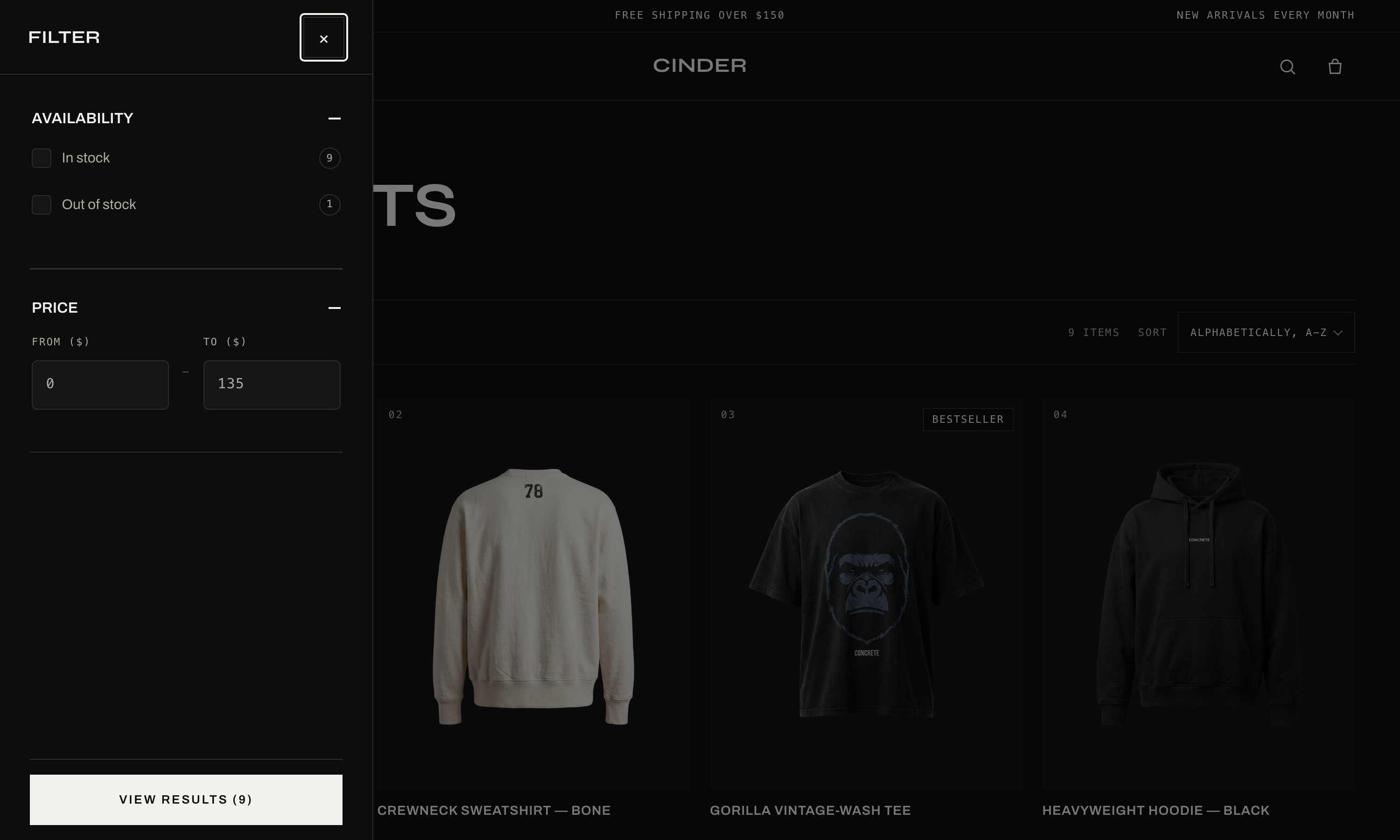 Cinder collection page with the slide-in filter drawer open, showing availability and price filters