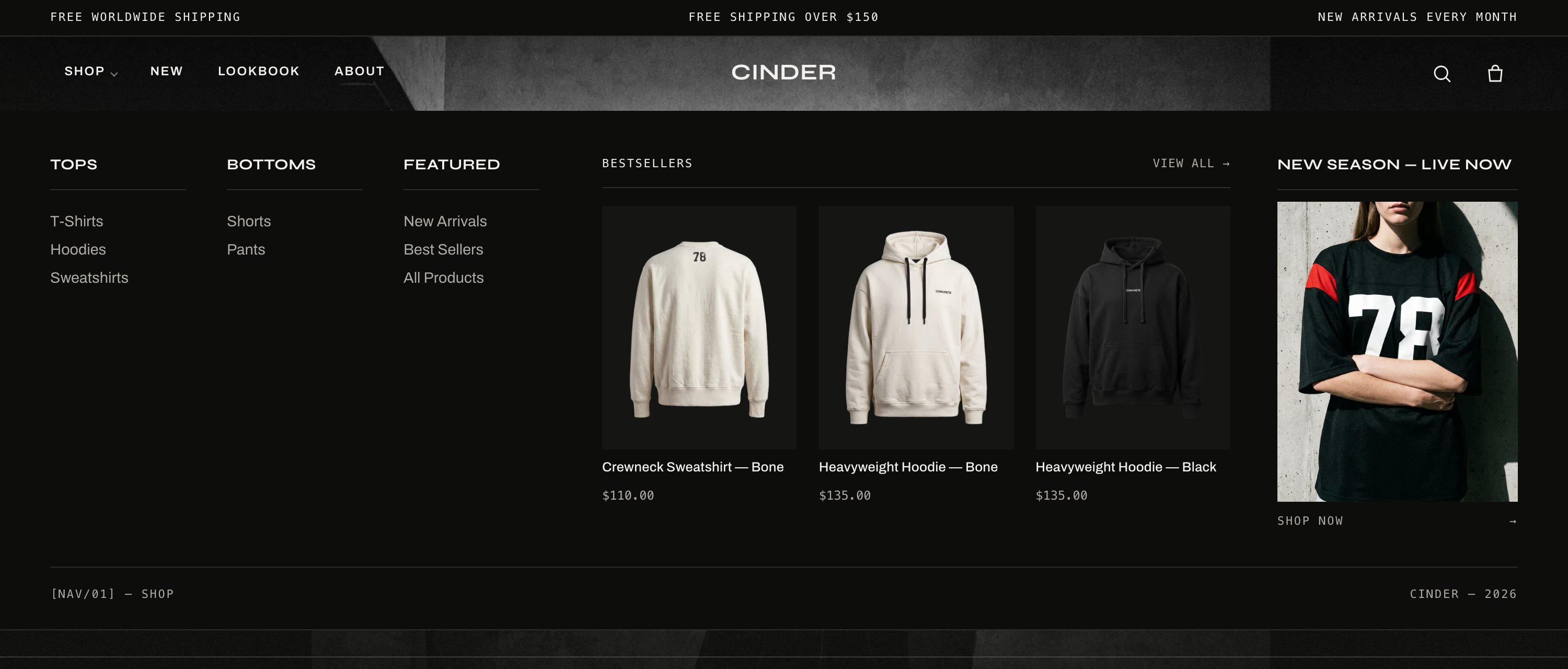 Cinder mega menu open, showing the nav columns and a live product rail