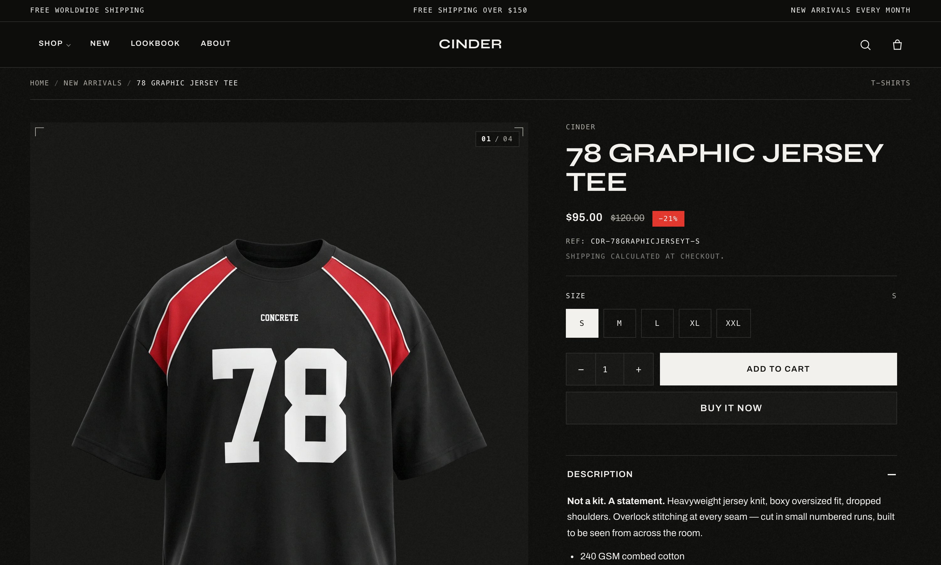 Cinder product page — sticky gallery on the left, buy area with size picker and price on the right